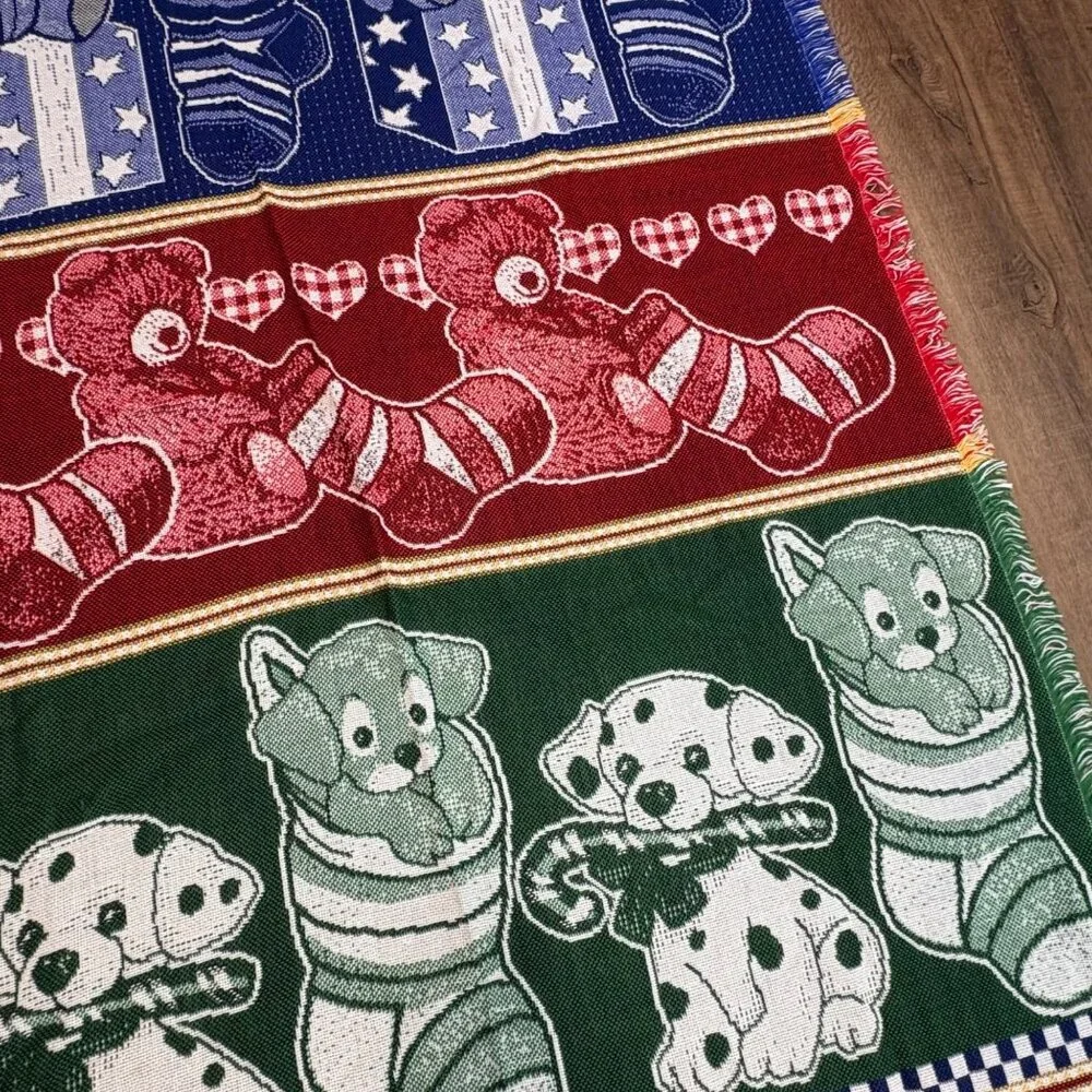 American Weavers Throw Blanket‎ Tapestry Puppy Teddy Stockings USA Holiday VTG